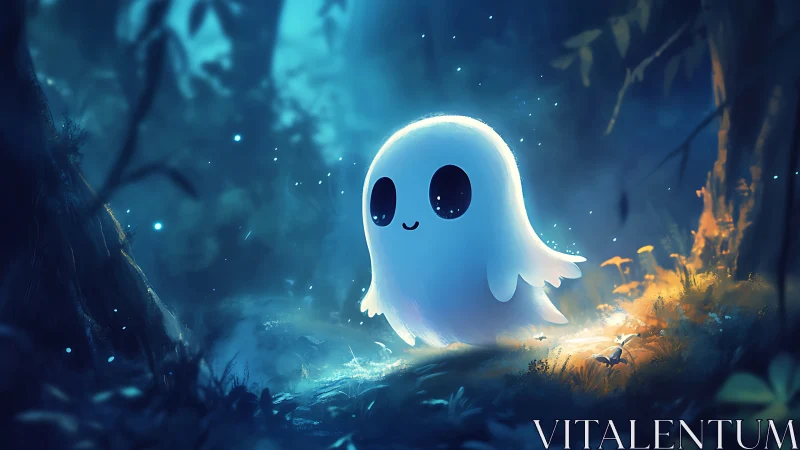 Bioluminescent cartoon ghost traverses a mystical forest glade