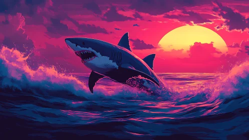 Neon sunset shark erupts from glowing waves in fierce motion