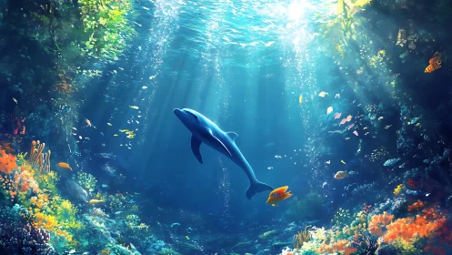 Graceful dolphin glides through sunlit coral kingdom below.