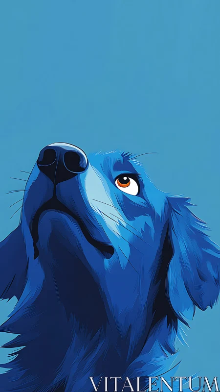 Stylized blue dog portrait uses vector shading and upward gaze