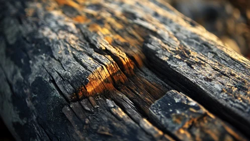 Weathered driftwood macro with golden hour directional sunlight