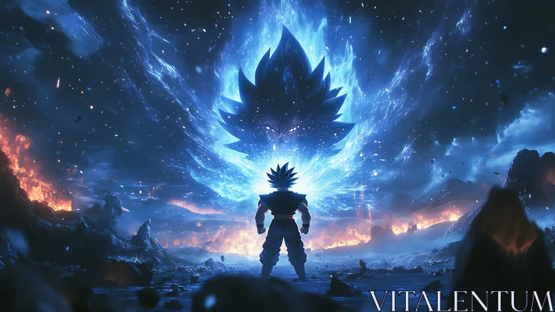 Heroic warrior ignites cosmic blue aura on ruined world.