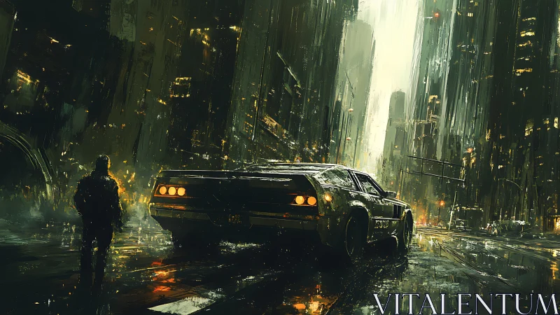 Futuristic muscle car idles in neon-soaked cyberpunk rain.