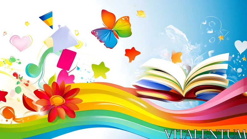 Open book launches vivid rainbow learning universe.