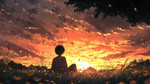 Anime sunset field with contemplative silhouette and low horizon line.