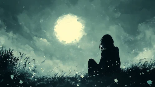 Solitary figure contemplates a luminous moonlit sky