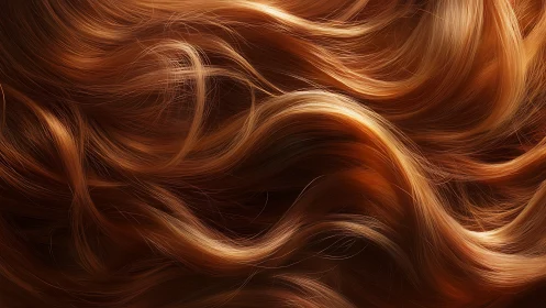 Close view of wavy reddish brown hair strands texture.