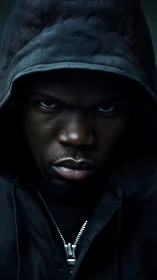 Shadowed gaze of a hooded man carved in steely resolve.