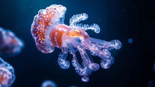 Bioluminescent jellyfish drifts through dark pelagic water