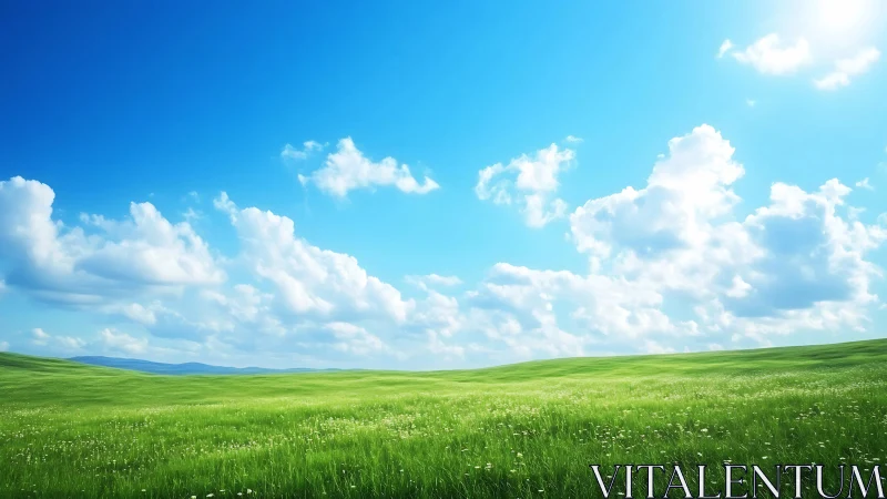 Vibrant spring meadow under expansive cumulus sky panorama.