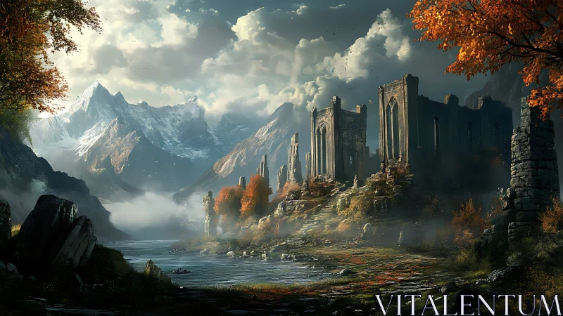 Gothic mountain ruins above misted river in autumn light