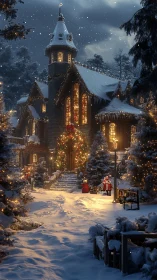 Snowlit Christmas manor aglow with festive midnight wonder.