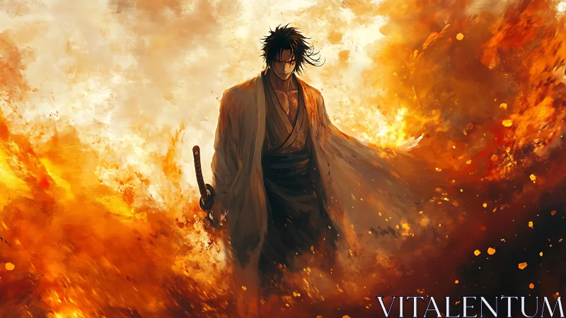 Samurai swordsman stands in roaring wall of orange fire.
