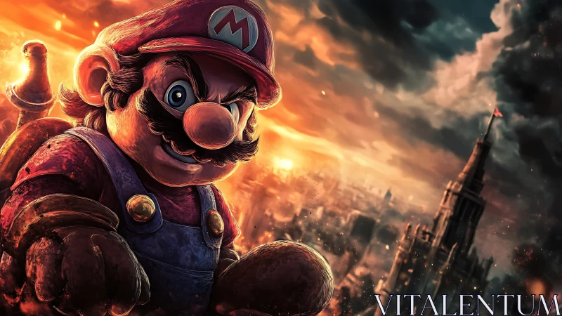 Heroic plumber stands defiant above a burning cityscape