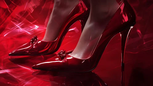Red patent stilettos reflect vivid studio lighting dramatically