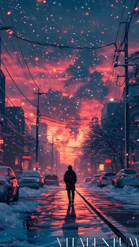 Snowfall stitches neon twilight over a lone city wanderer