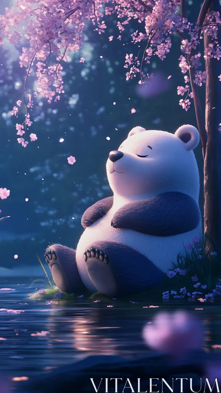 Stylized panda model rests by reflective water under blossoms