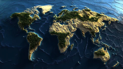 Textured 3D world map highlights continents and oceans.