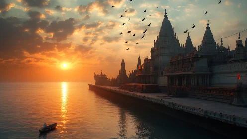 Sunlit temple ghats rendered in cinematic digital realism