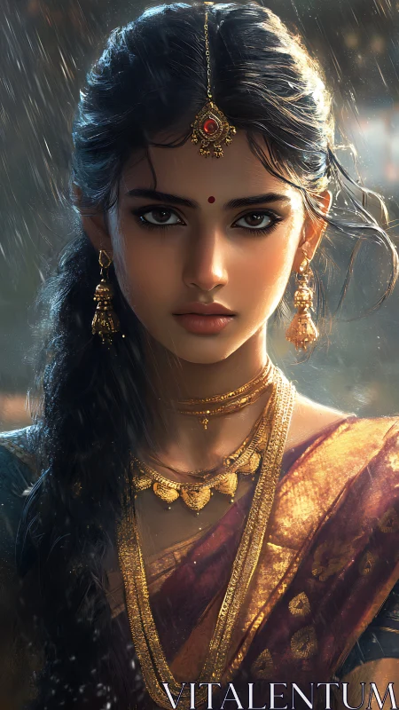 Digital portrait of Indian woman in rain with gold jewelry