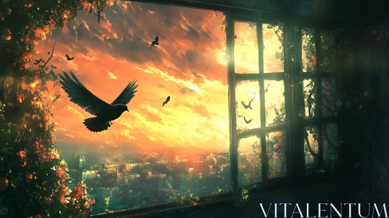 Avian silhouette crossing a luminous, overgrown city window.