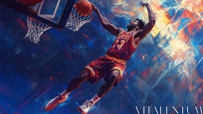 High-flying basketball dunk explodes through abstract color storm
