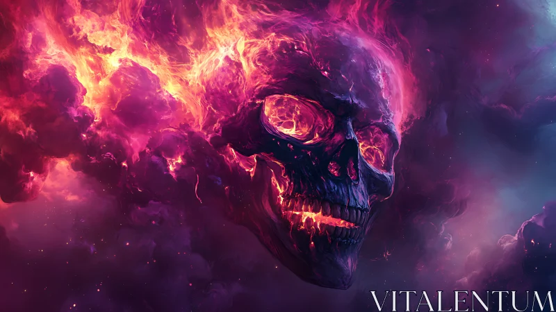 Blazing cosmic skull burns through swirling violet nebula