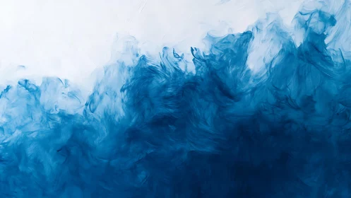 Blue abstract ink waves blending with white background, modern art.