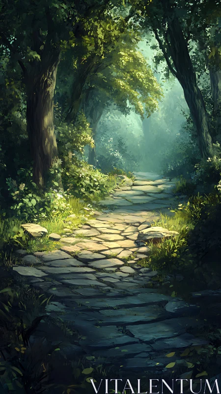 Stone Path Through Luminous Forest Cathedral.