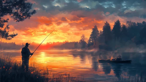 Sunrise angler silhouette over glowing misty lake