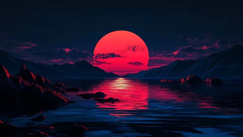 Crimson supermoon over neon-lit mountains and waterscape.