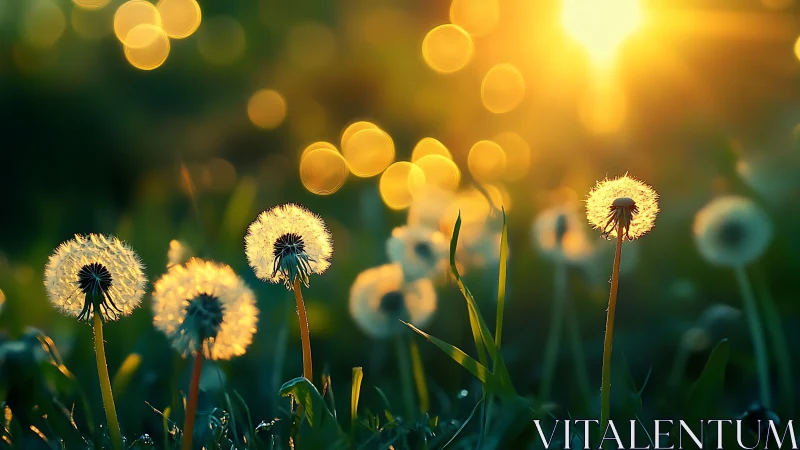 Dandelion seed heads stand backlit against intense sunset glow