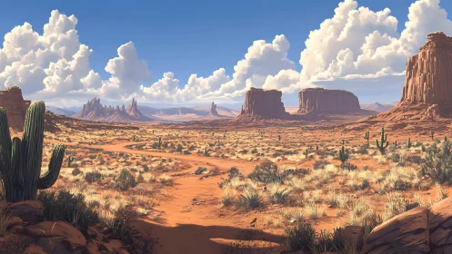 Southwestern desert panorama with buttes, cacti and cumulus clouds