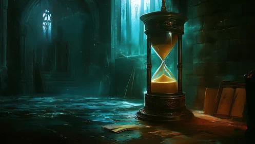 Gothic stone hall with luminous ornate hourglass centerpiece