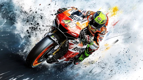 Motorcycle racer explodes through dynamic color splashes.