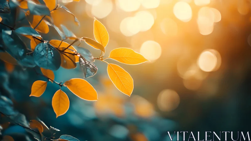 Golden leaves glow softly against a dreamy teal forest bokeh