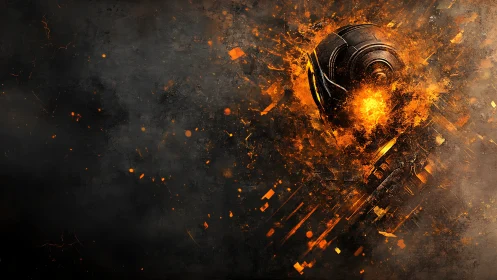 Exploding cybernetic skull erupts in molten orange light