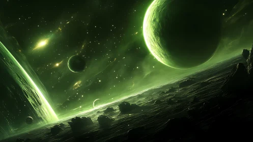 Emerald exoplanetary system glows above fractured alien terrain