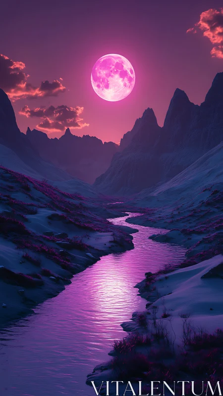 Pink full moon over violet river in rocky valley.