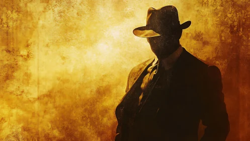 Silhouetted man in fedora against textured yellow ground.