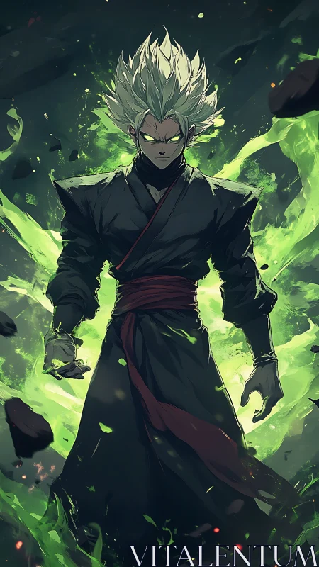 Storm-eyed battle mage crowned in radioactive emerald fury.