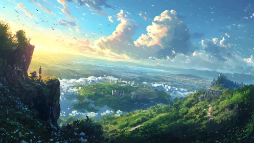 Sunlit cliffside vista over distant futuristic valley.