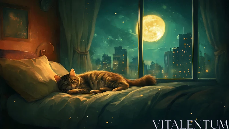 Ginger Cat Gazing at Moonlit Cityscape from Bedroom Window.