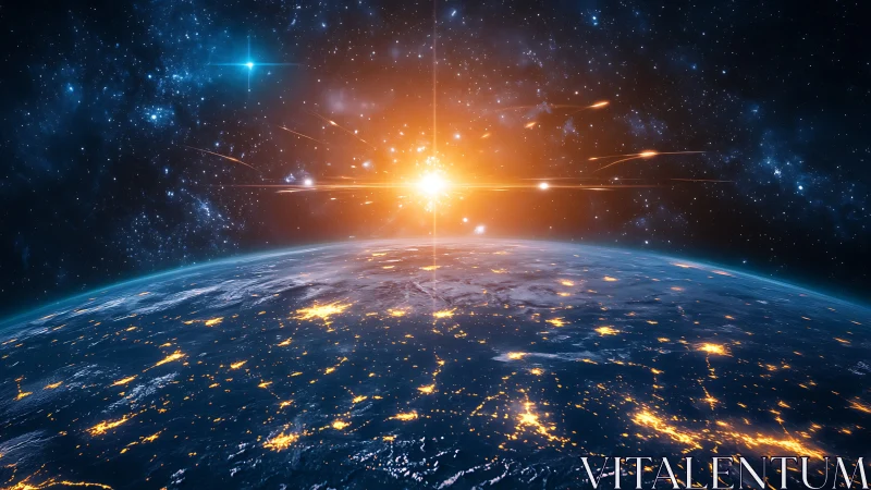 Radiant sunrise greets Earth with a glowing, starry embrace