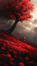 Crimson tree above windswept poppy hillside at dusk.