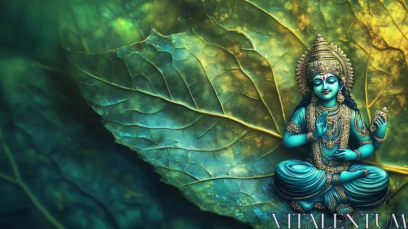 Blue meditative deity statue seated on textured leaf background.