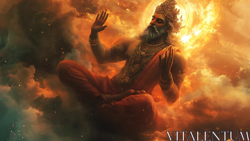 Radiant celestial sage resting calmly in a golden sky.