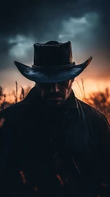 Mysterious lone cowboy silhouette at stormy sunset horizon.