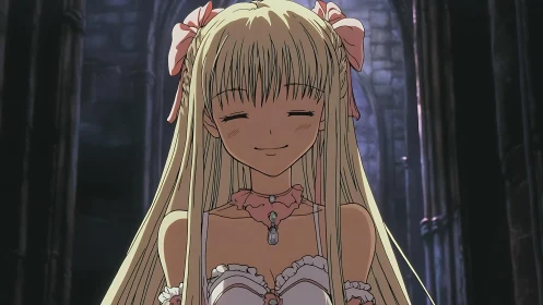 Smiling blonde anime girl stands in dim stone corridor