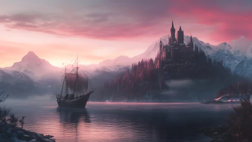 Sailing ship drifts toward a misty castle at rose dawn